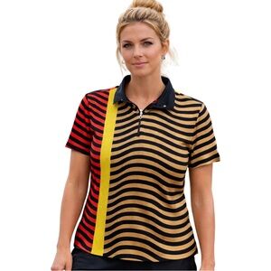 Jamie Sadock Womens Small Golf Shirt Pleated Zip Polo Top Red Gold Black Stripe